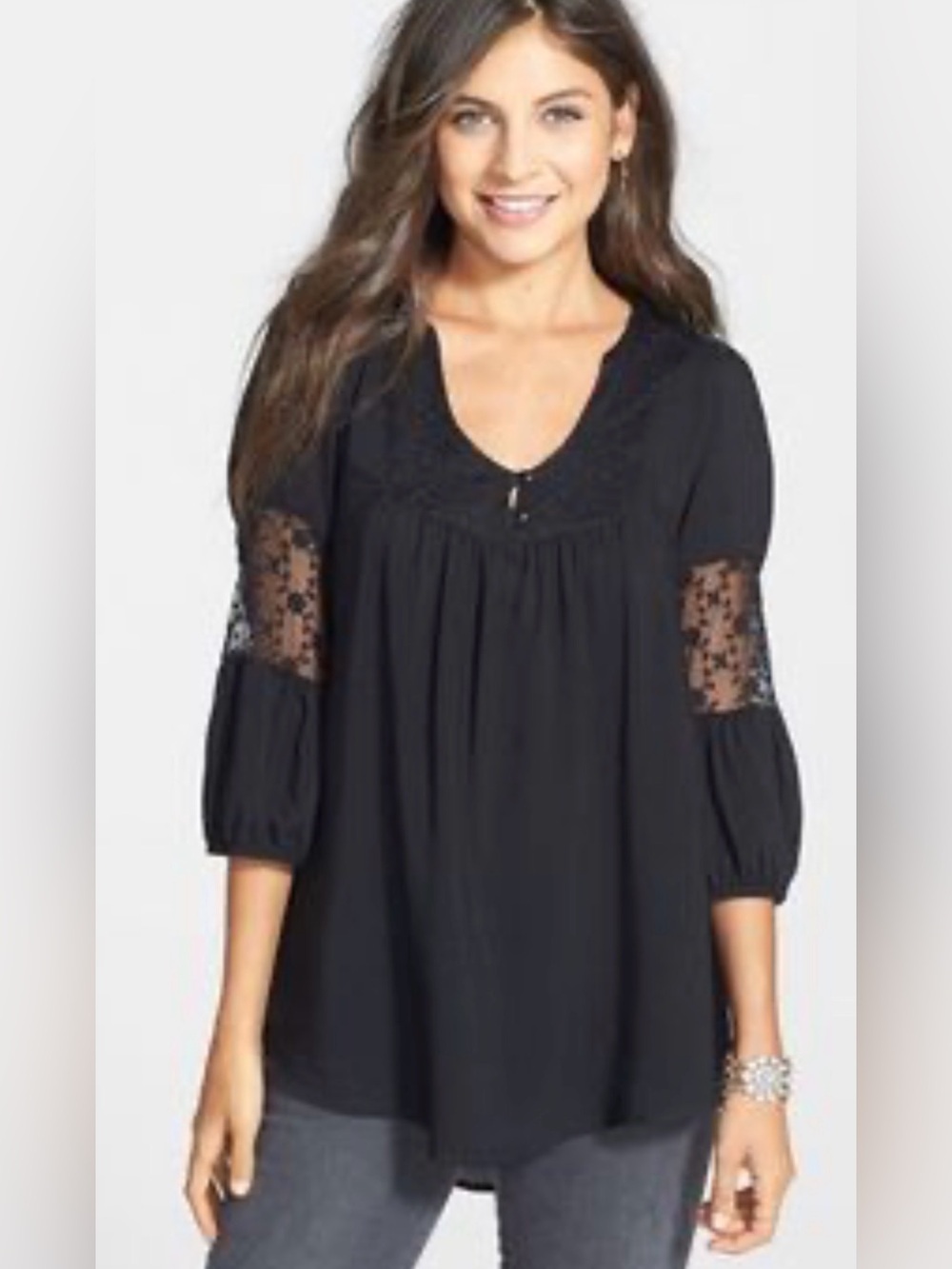 Painted Threads Black Lace-Panel Peasant Tunic, Scoop Neck, Size L